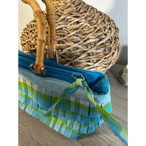 Vintage Braciano Blue Green Plaid Ruffle Bamboo Handle Handbag - Picture 2 of 4